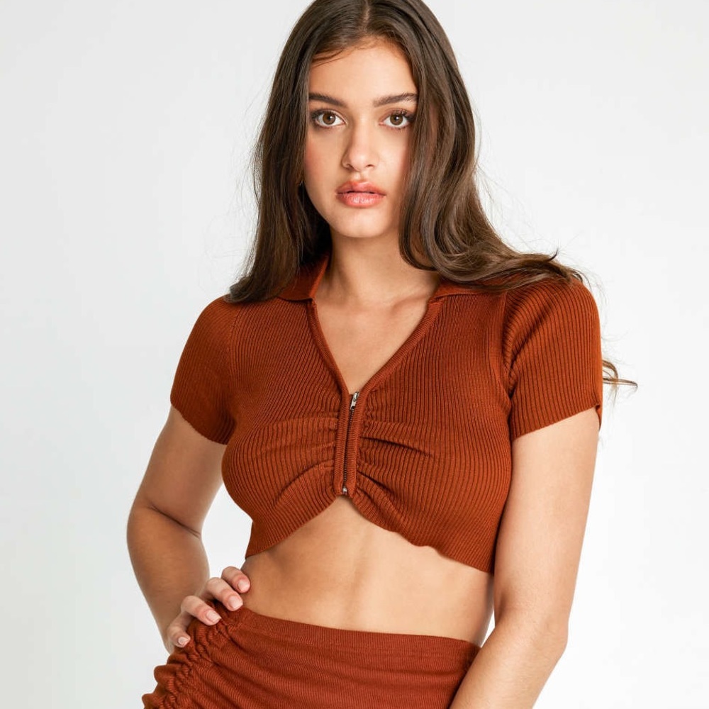 Cider Rib-Knit Stretchy, Soft Functional Zipper Polo Crop Top NWT